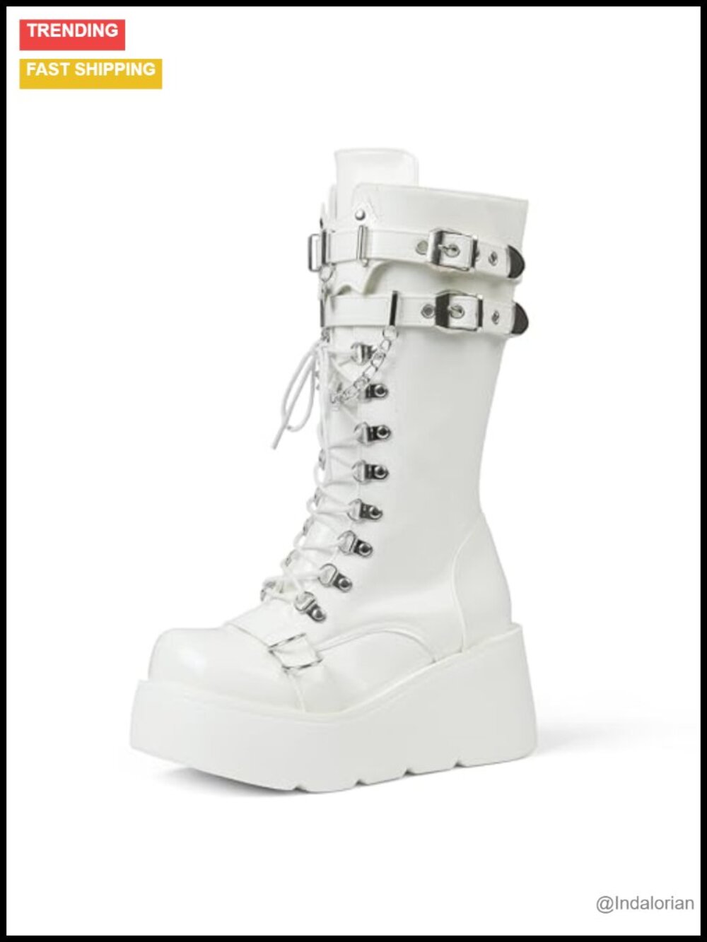 Women's Black Platform Boots Wedge Combat Lace Up Mid Calf Punk Motorcycle Shoes